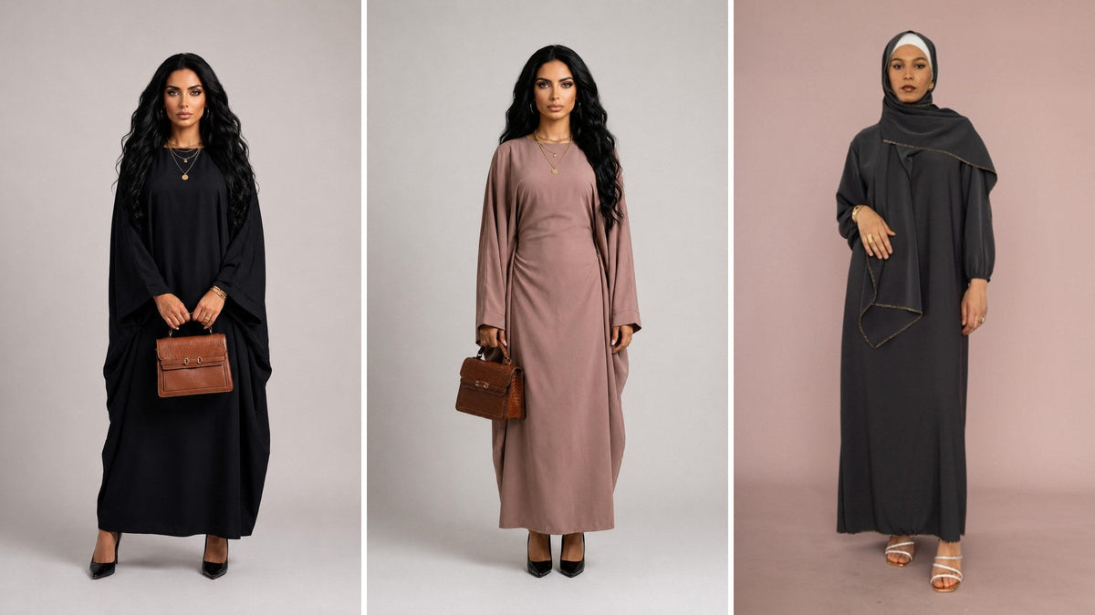 Trois abayas Santa Mode portées de face, deux coupes papillon et une coupe droite