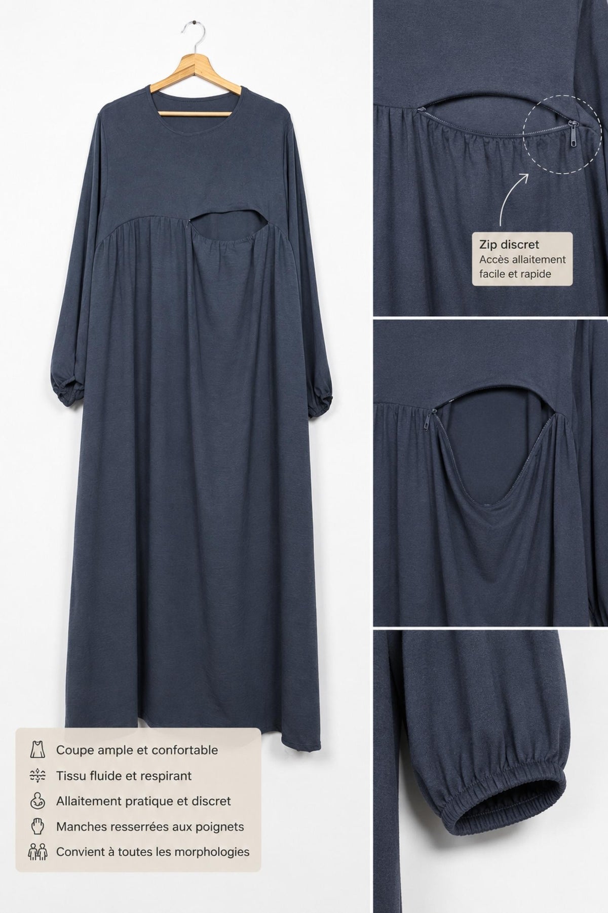 Abaya d’allaitement grandes tailles gris foncé Modèle Labane - Santa Mode - vue 3