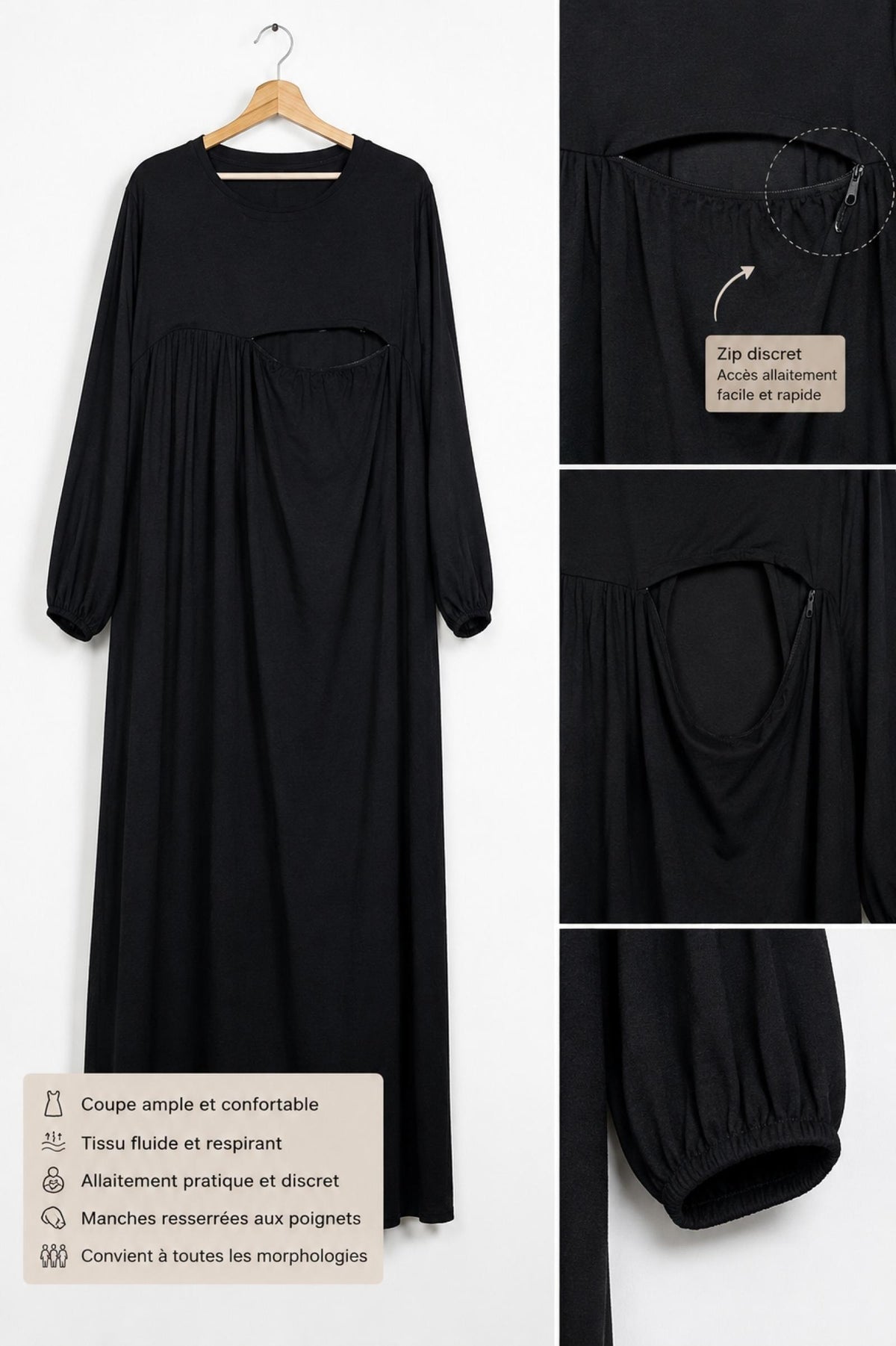 Abaya d’allaitement grandes tailles noire Modèle Labane - Santa Mode - vue 3