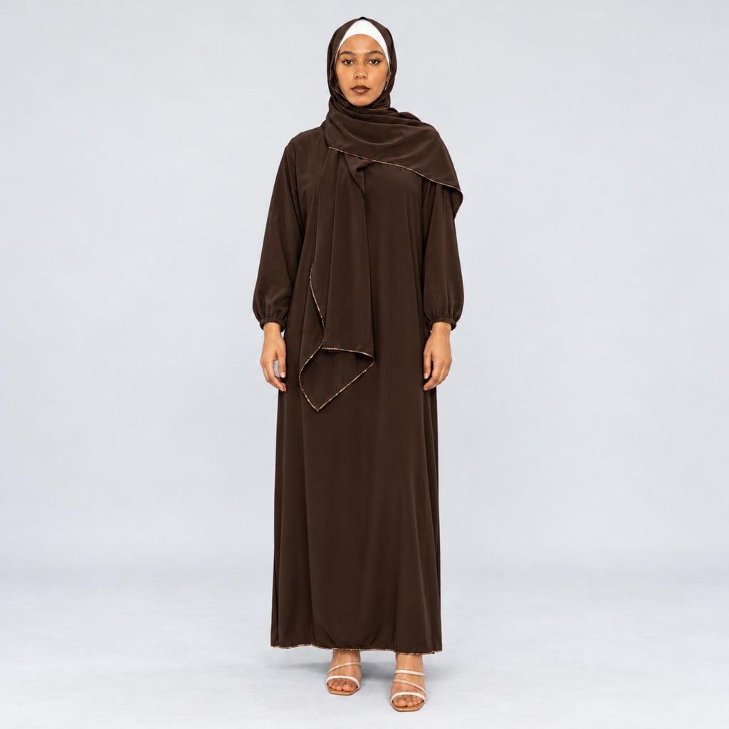 Abaya grandes tailles marron avec châle Modèle Camila
