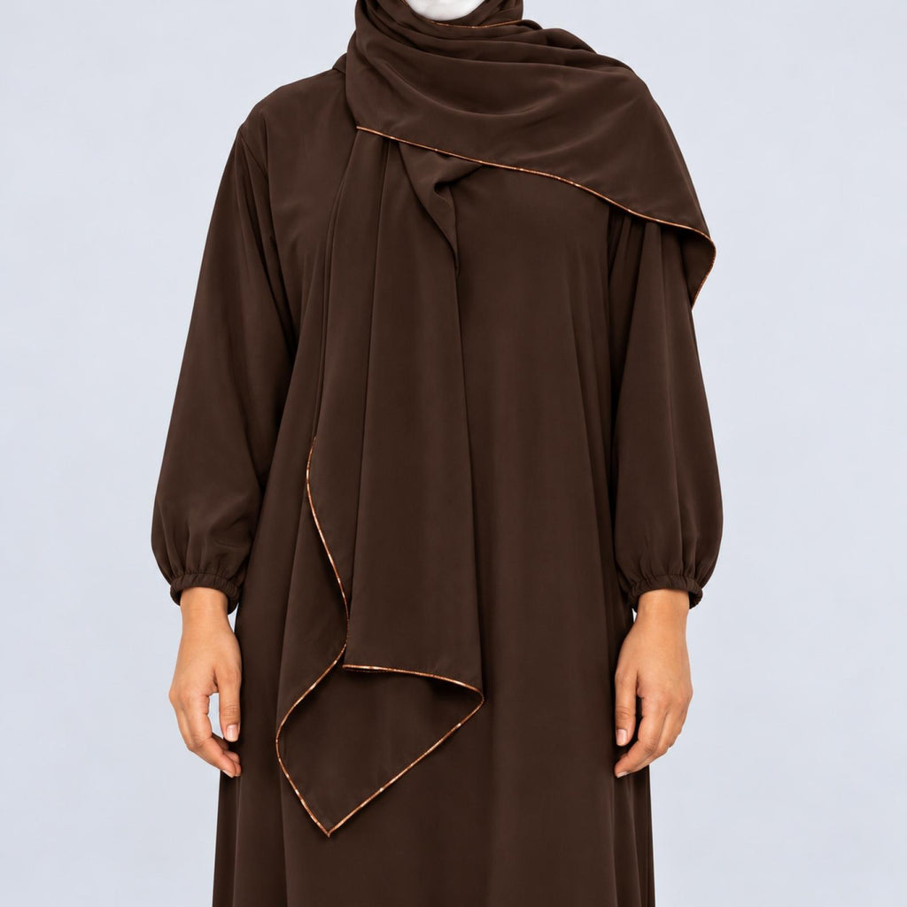 Abaya grandes tailles marron avec châle Modèle Camila - vue 4