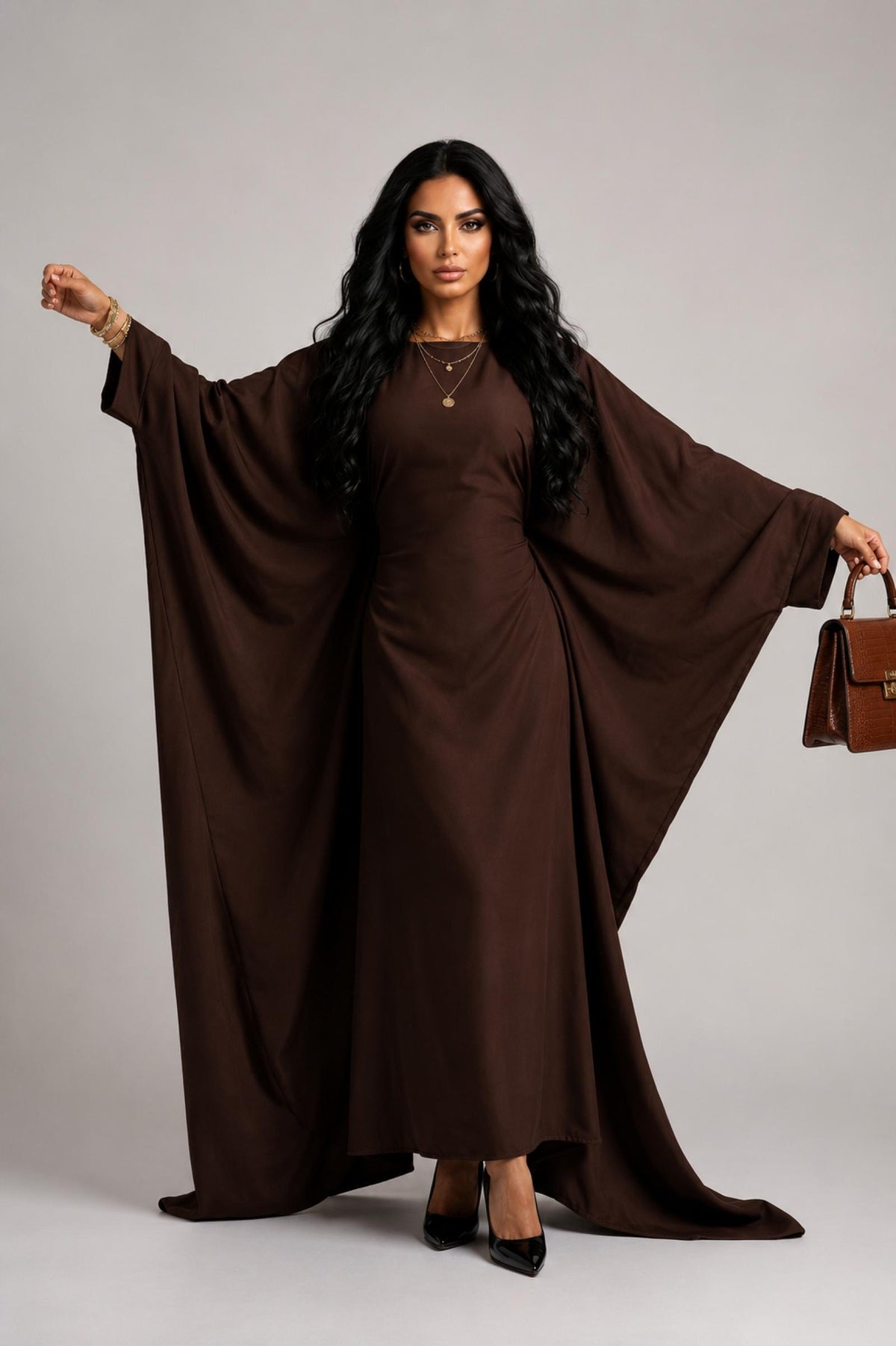 Abaya papillon grandes tailles marron Modèle Fara - Santa Mode
