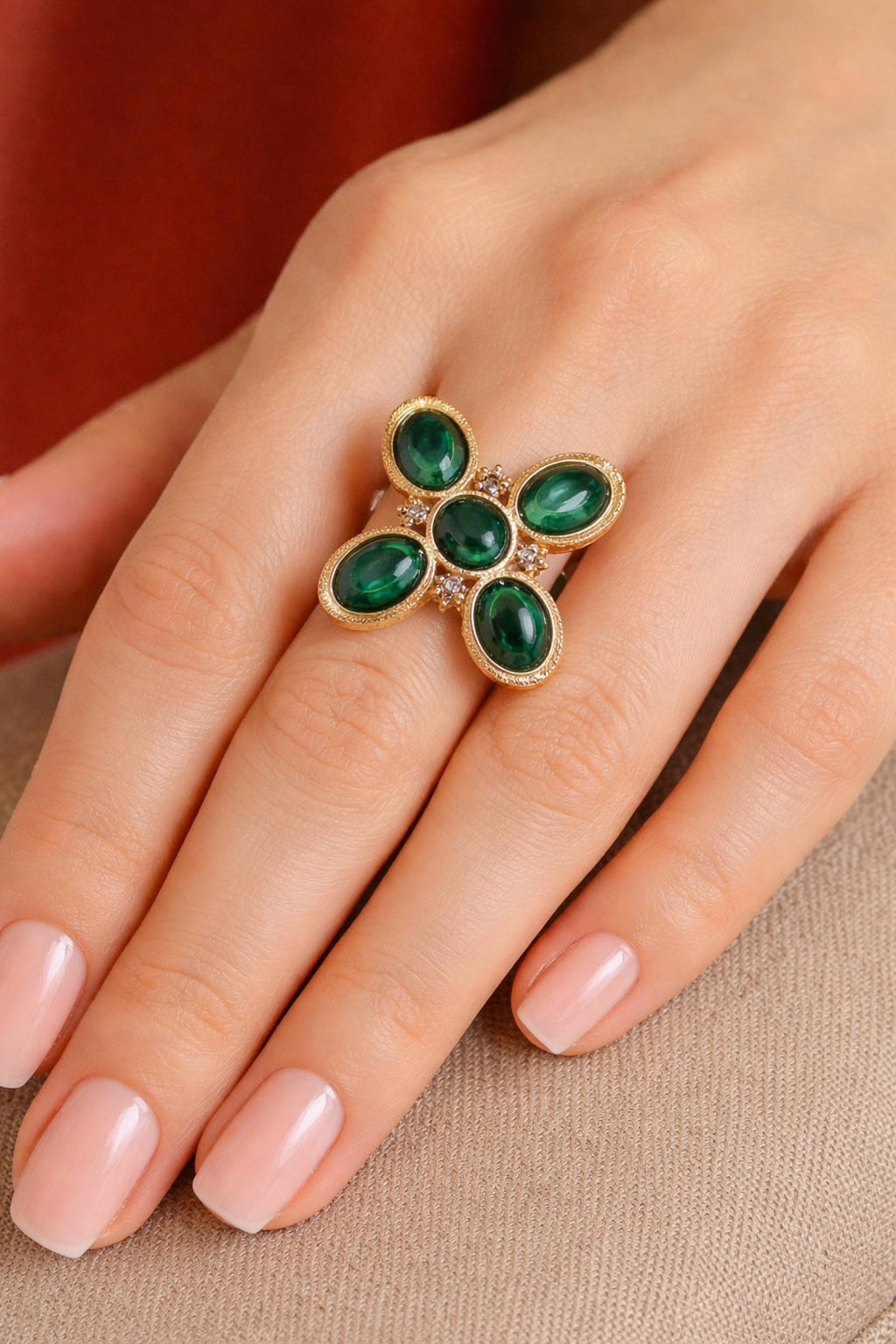 Bague Fleur acier inoxydable ajustable Verte