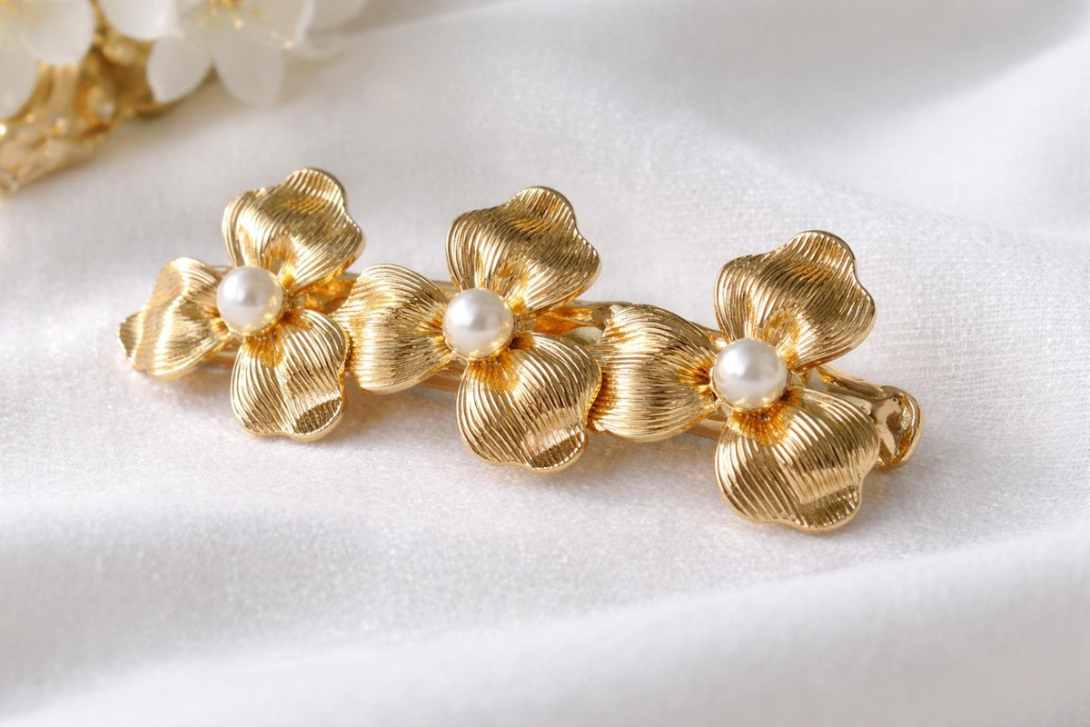 Barrette Triple Fleur Dorée - Santa Mode - vue 2
