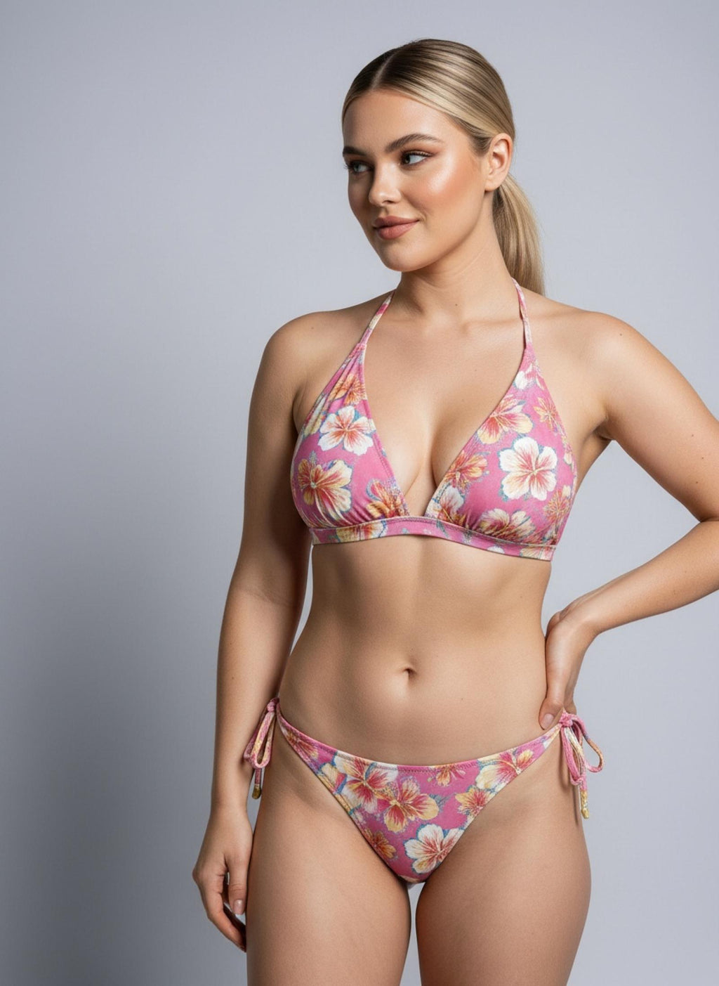 Bikini rose fleuri triangle à nouer Modèle Keely