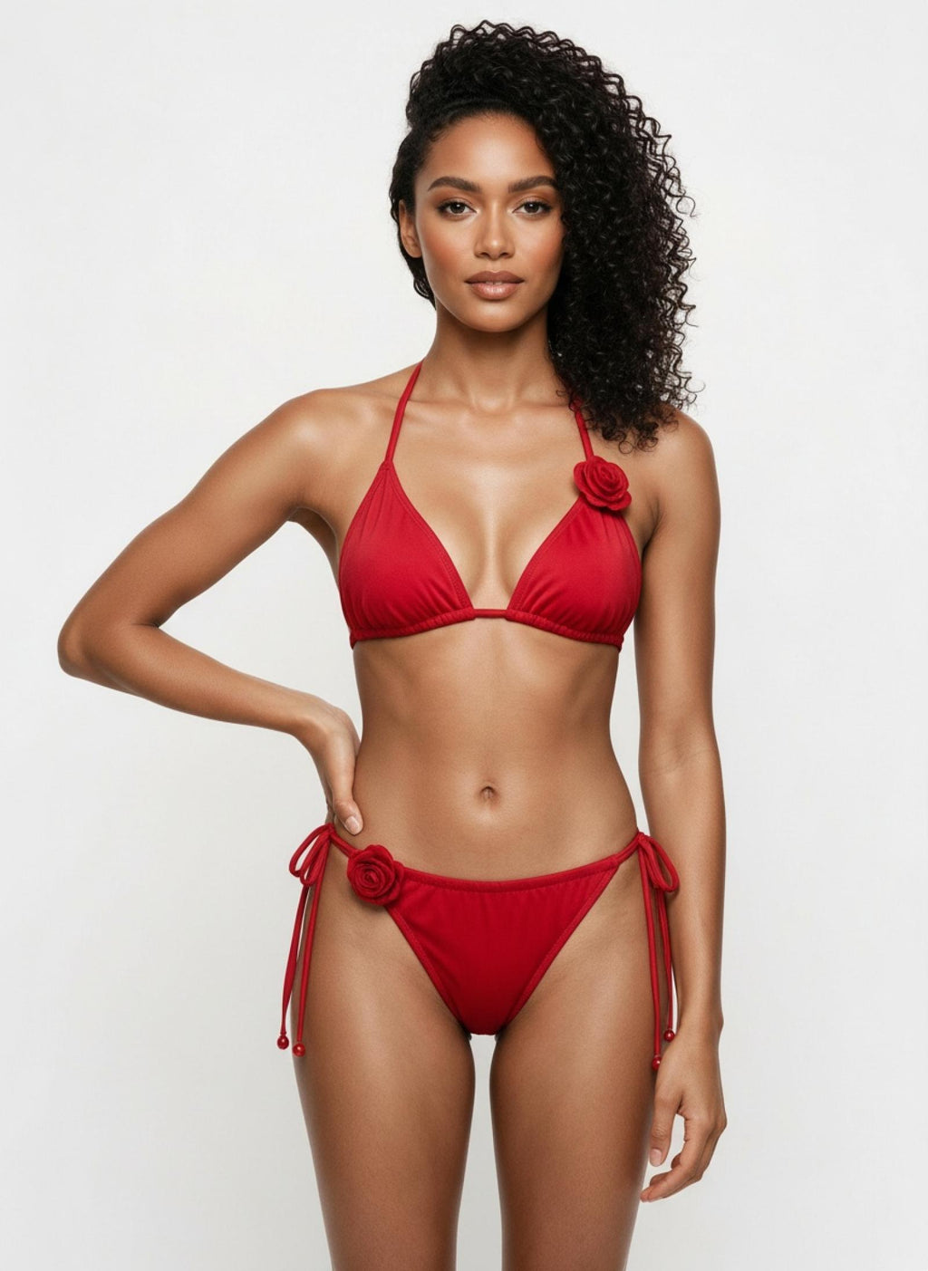 Bikini rouge triangle à fleurs en relief Modèle Ysalis