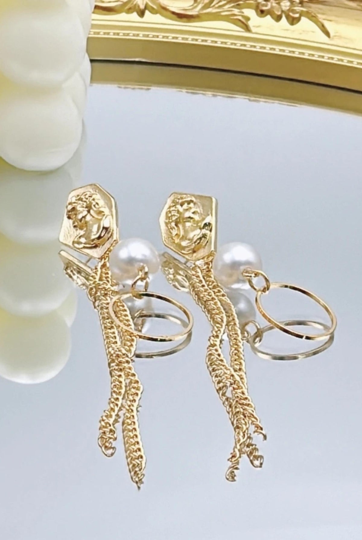Boucles Chaîne & Perle Dorées acier inoxydable - vue 2