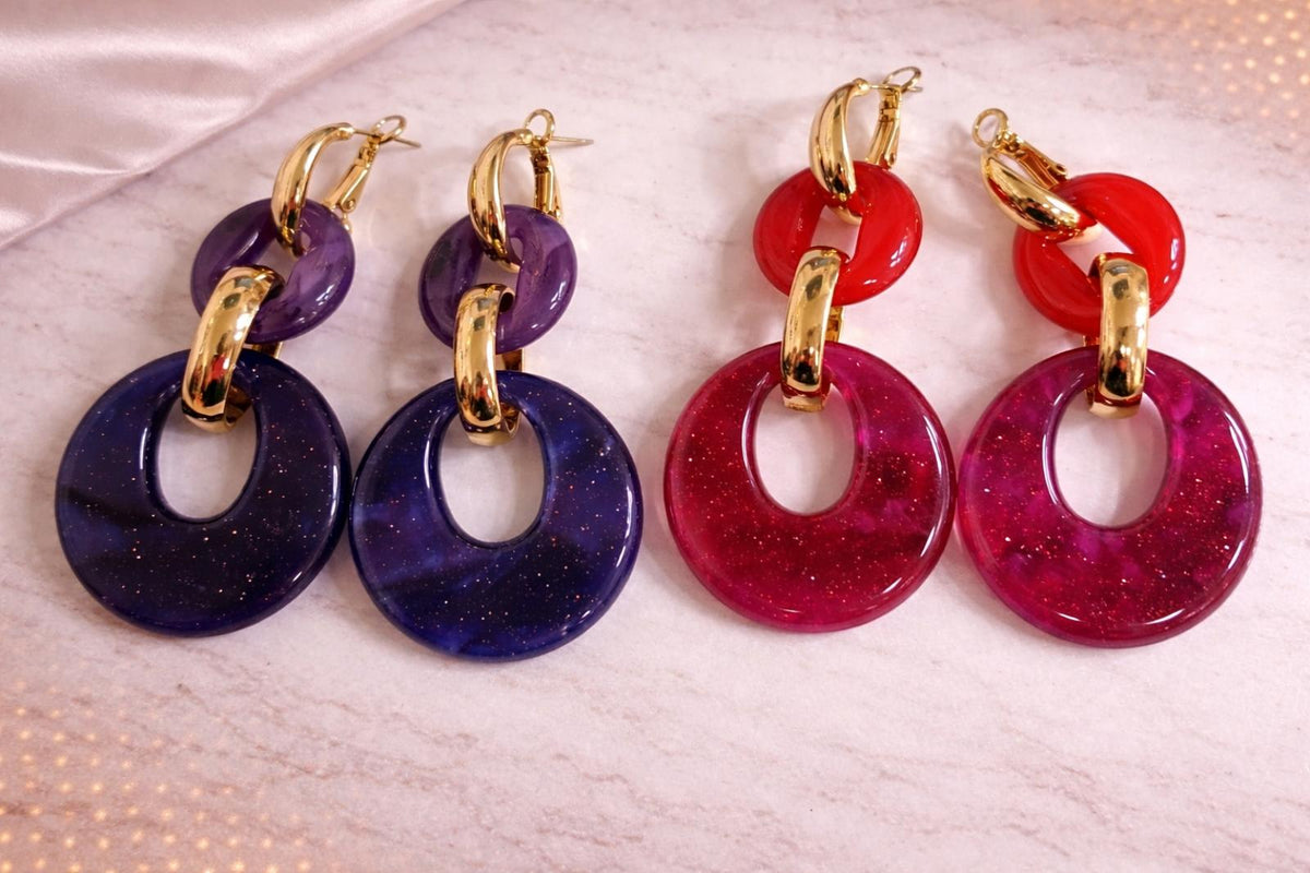 Boucles d'oreilles Anneaux superposés Bleu nuit pailleté - vue 2