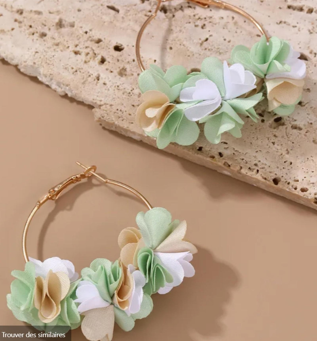 Boucles d'oreilles Créoles Fleurs en Tissu Vert d'eau