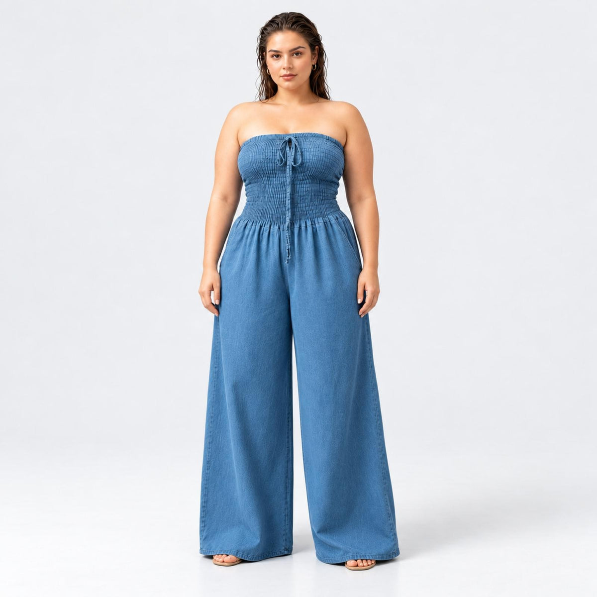 Combinaison grandes tailles bustier aspect jean à jambes larges