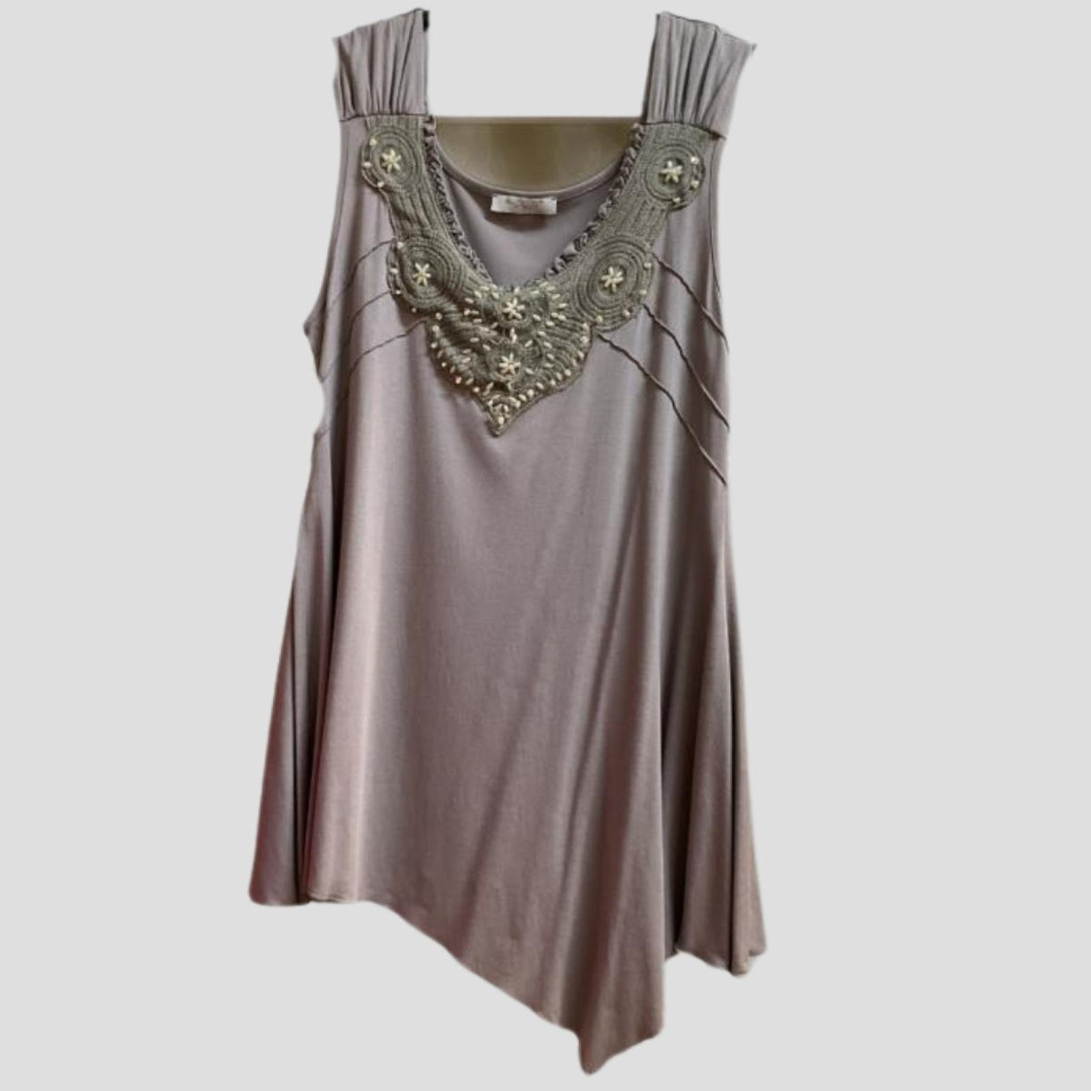 Débardeur asymétrique brodé gris et fuchsia Modèle Sanae - vue 2