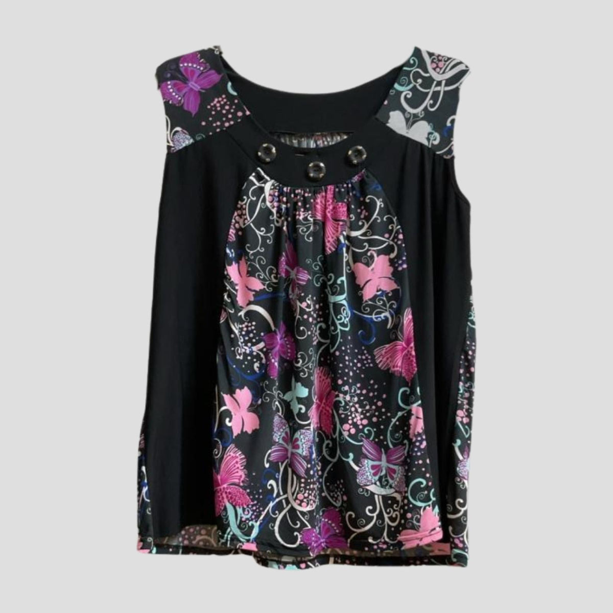 Débardeur fleuri noir à boutons décoratifs Modèle Soray - vue 2