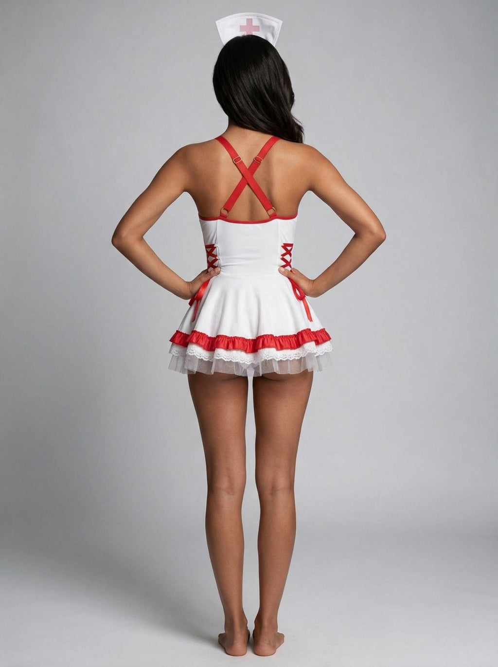 Déguisement infirmière à laçages blanc et rouge Modèle Tyra - vue 3