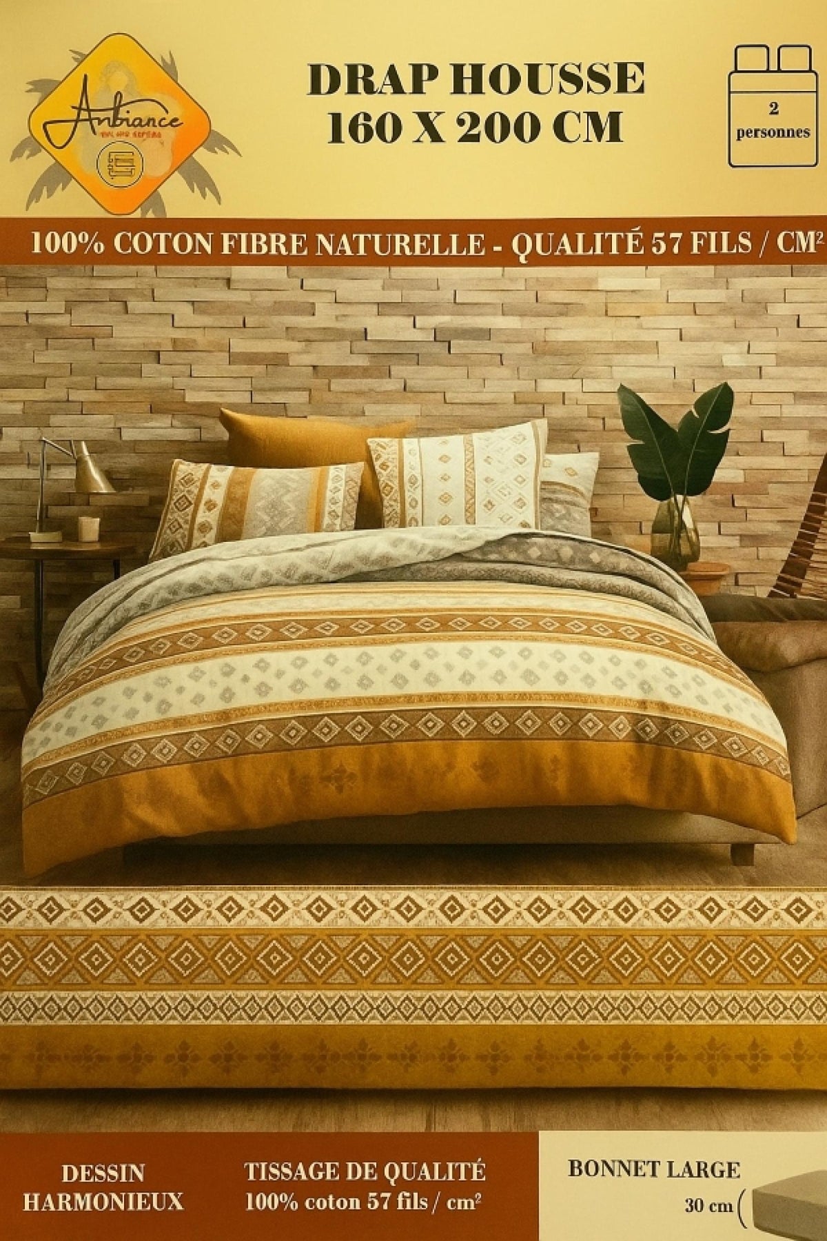 Drap housse Bracia Blanc à motif coloré 160x200cm pour 2 personnes