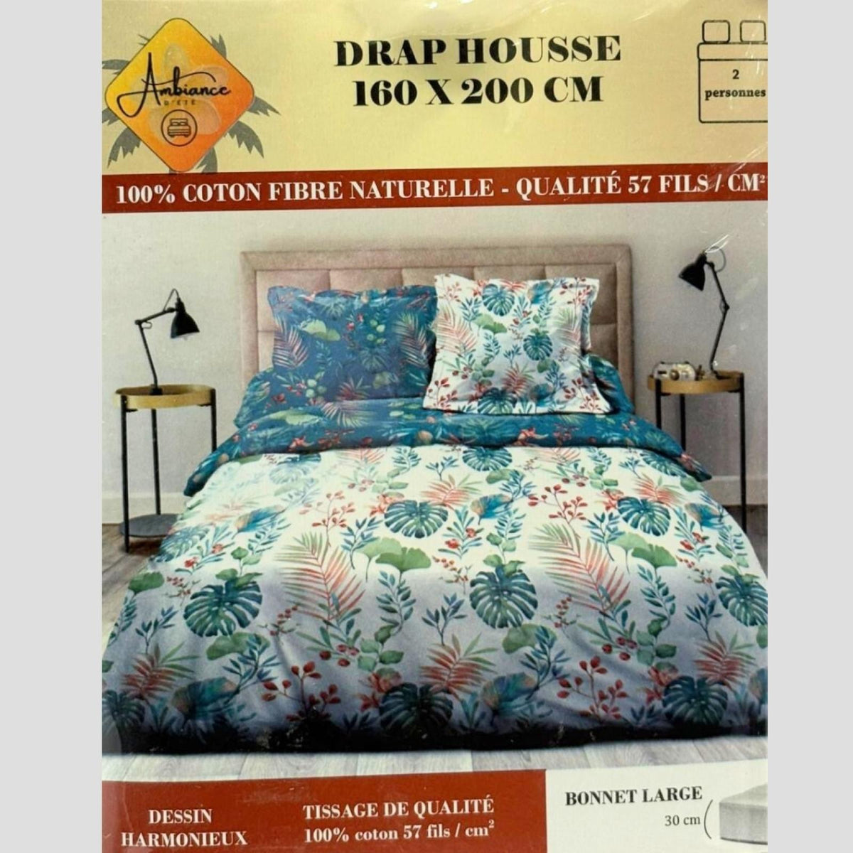 Drap housse Bracia Turquoise à motif coloré 160x200cm pour 2 personnes