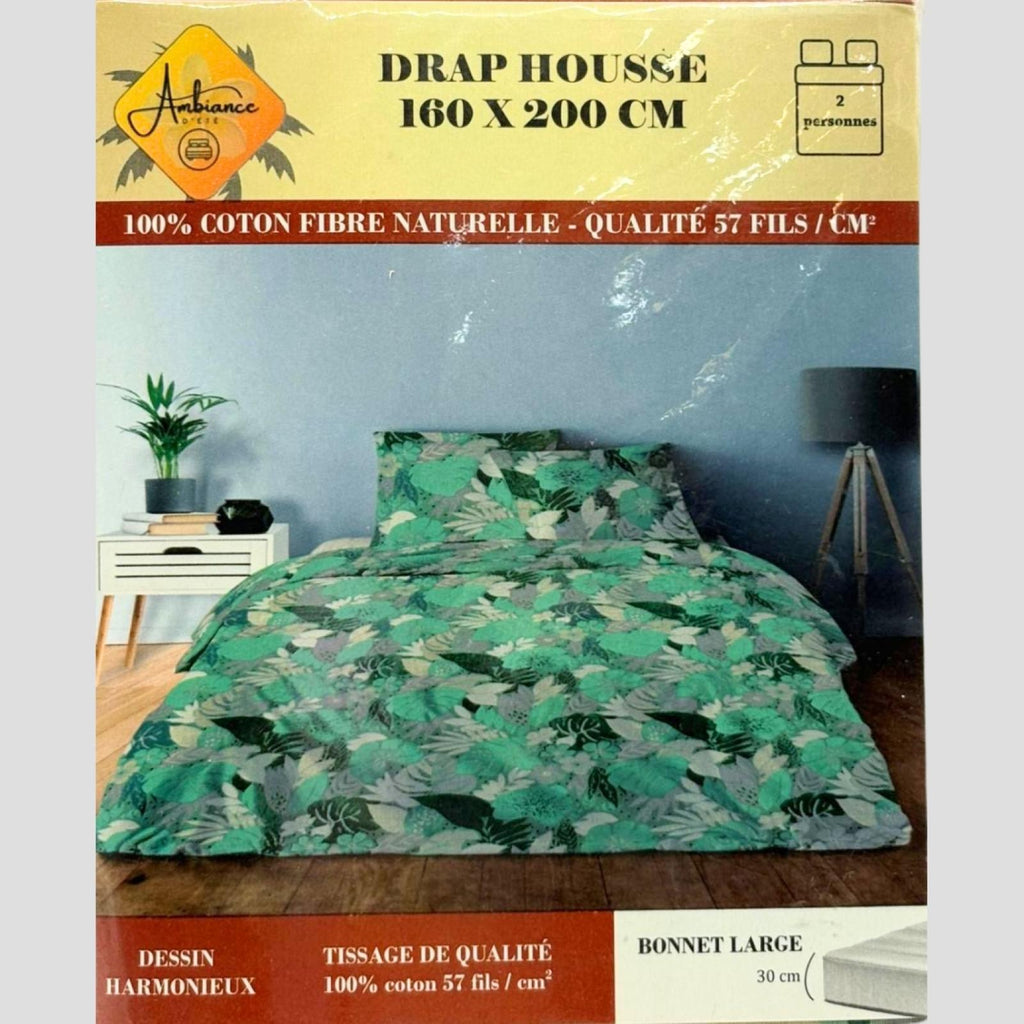Drap housse Bracia Vert/Bleu à motif coloré 160x200cm pour 2 personnes