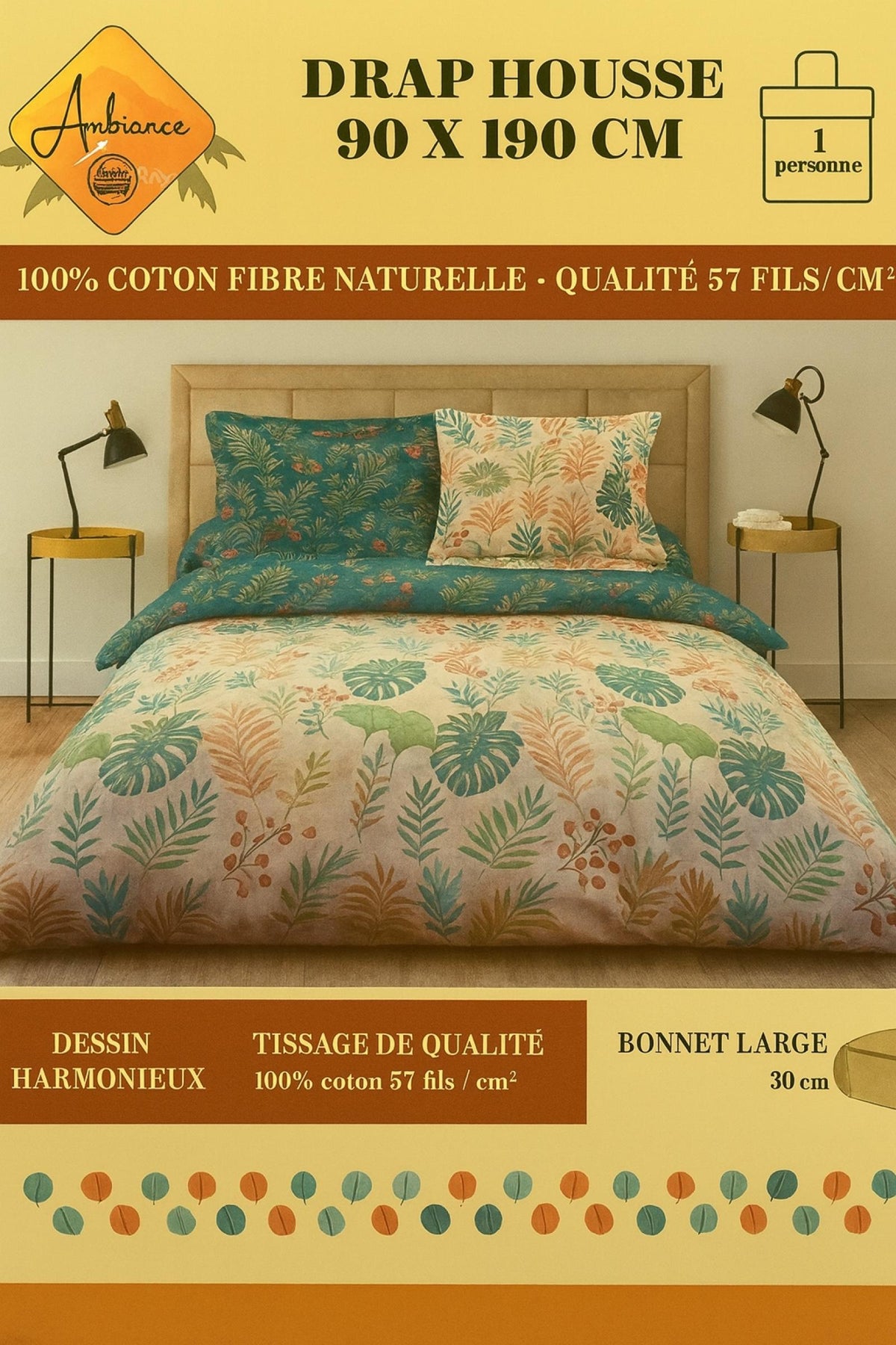 Drap housse Clémence Bleu/Vert à motif coloré 90x190cm