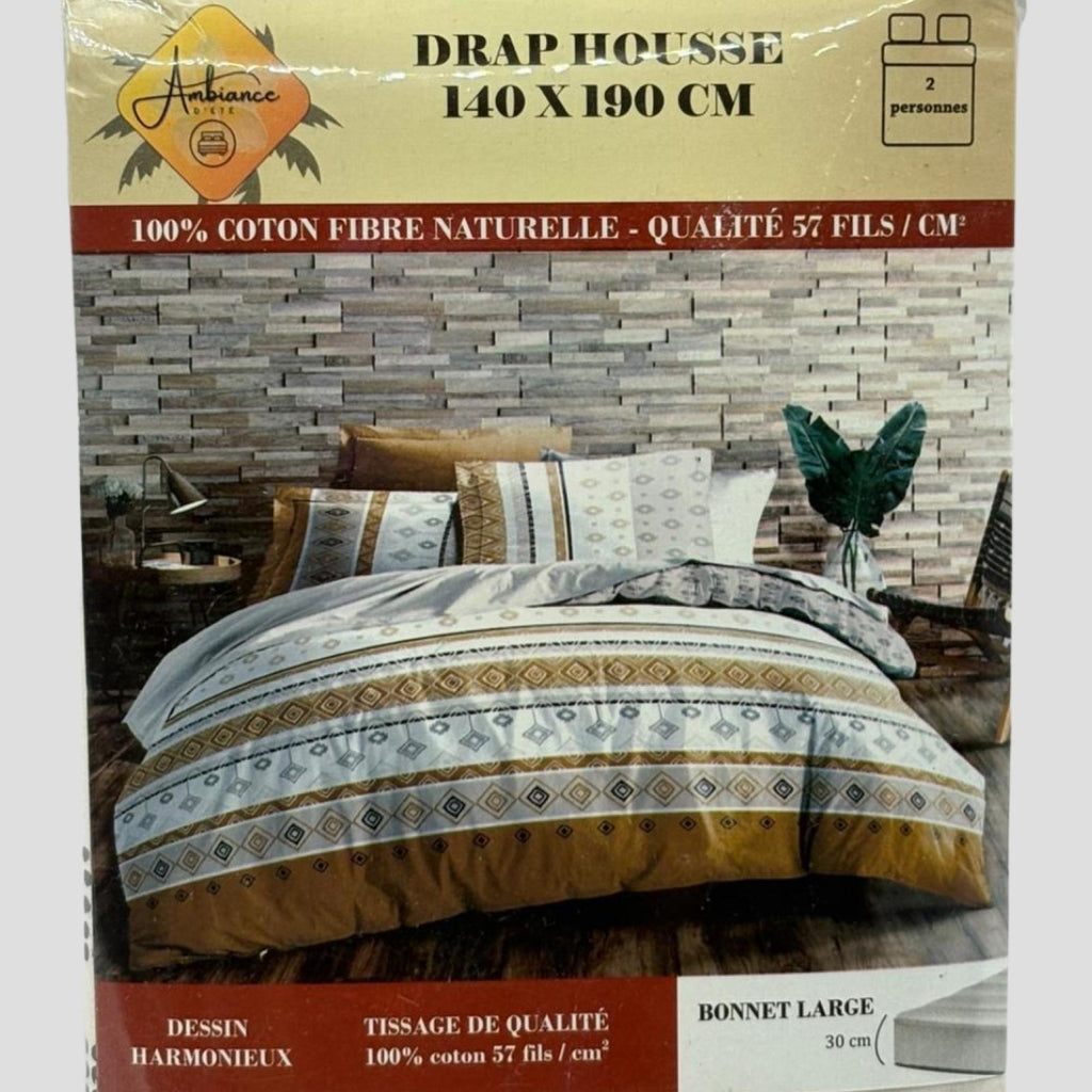 Drap housse Leyla Blanc à motif coloré 140x190cm pour 2 personnes