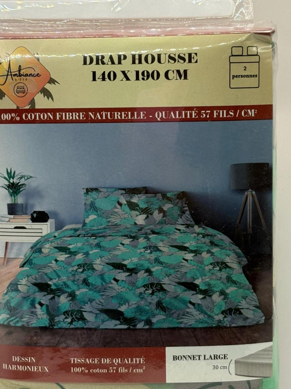 Drap housse Leyla Bleu/Vert à motif coloré 140x190cm pour 2 personnes