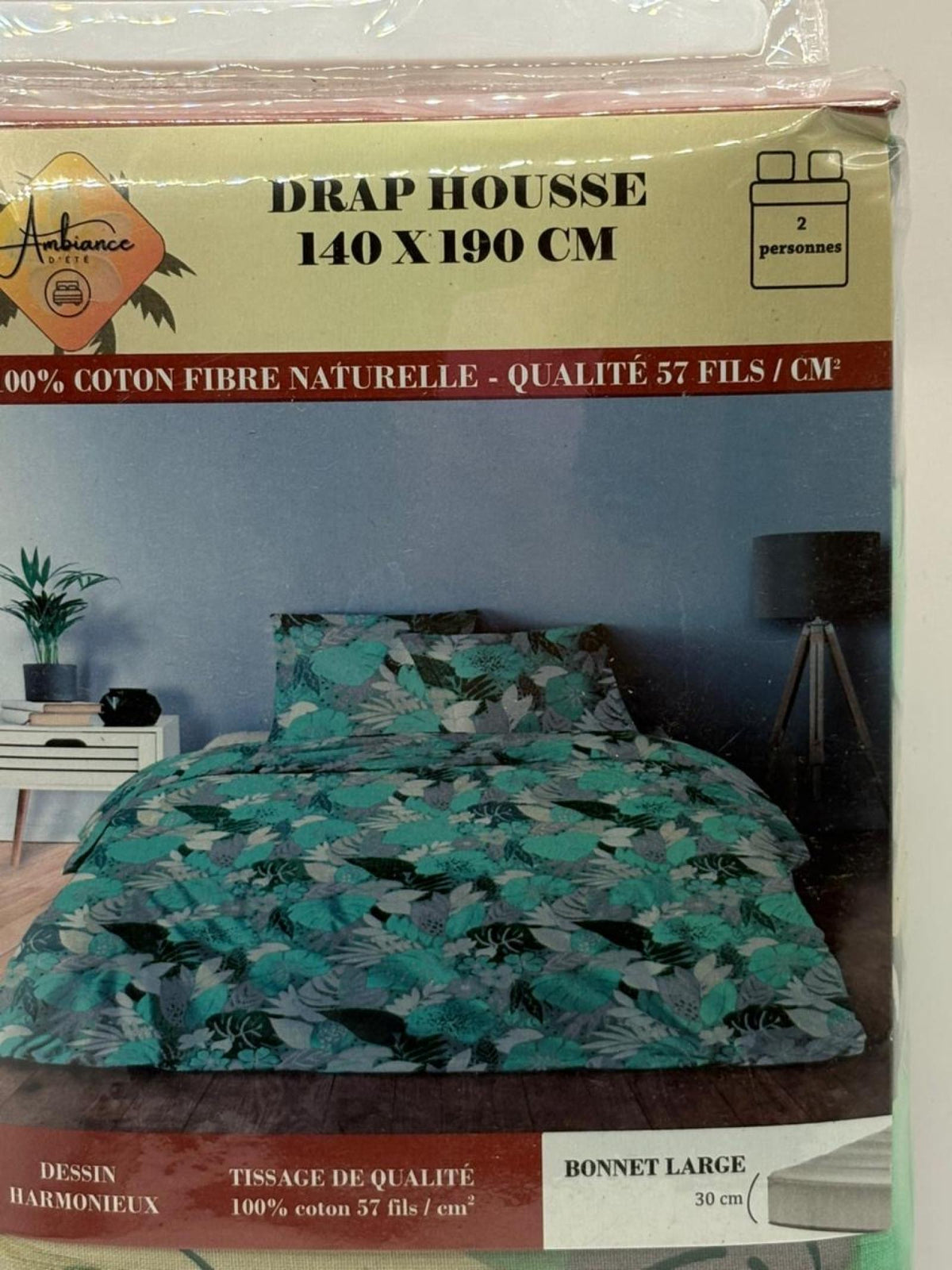 Drap housse Leyla Bleu/Vert à motif coloré 140x190cm pour 2 personnes