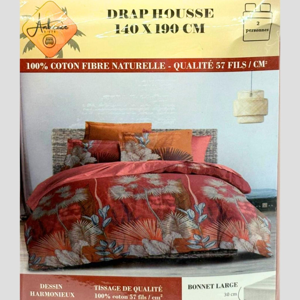 Drap housse Leyla Bordeaux à motif coloré 140x190cm pour 2 personnes