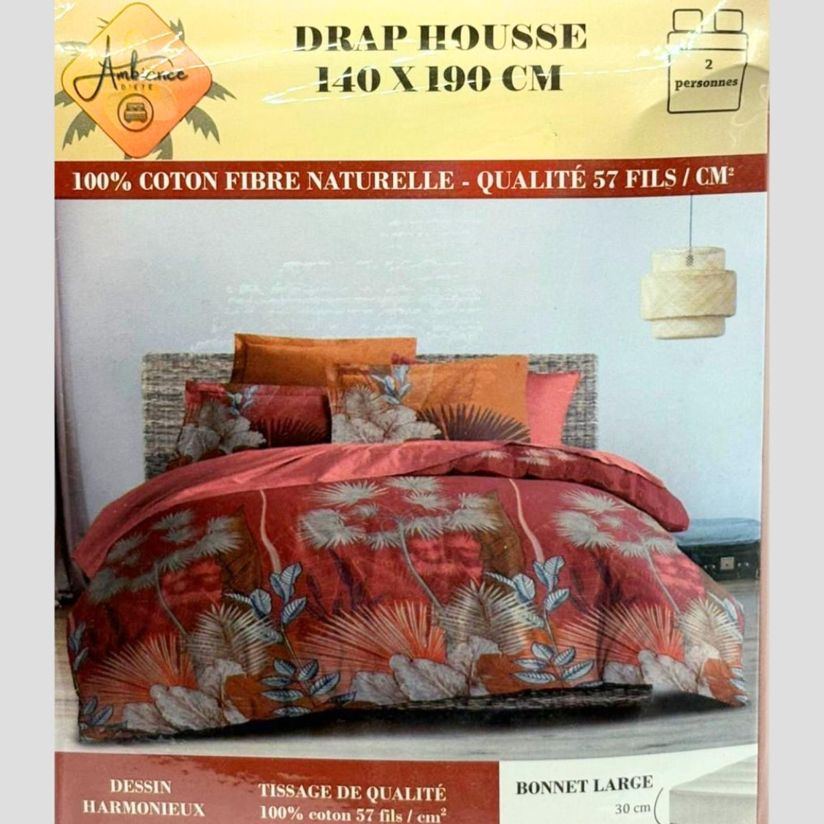 Drap housse Leyla Bordeaux à motif coloré 140x190cm pour 2 personnes