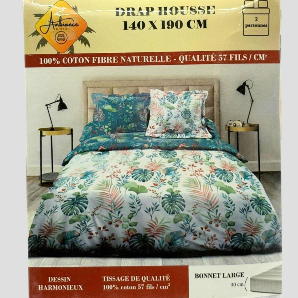 Drap housse Leyla Turquoise à motif coloré 140x190cm pour 2 personnes