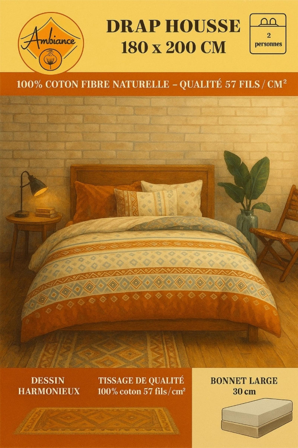 Drap housse Mélina Blanc à motif coloré 180x200cm(Copie)
