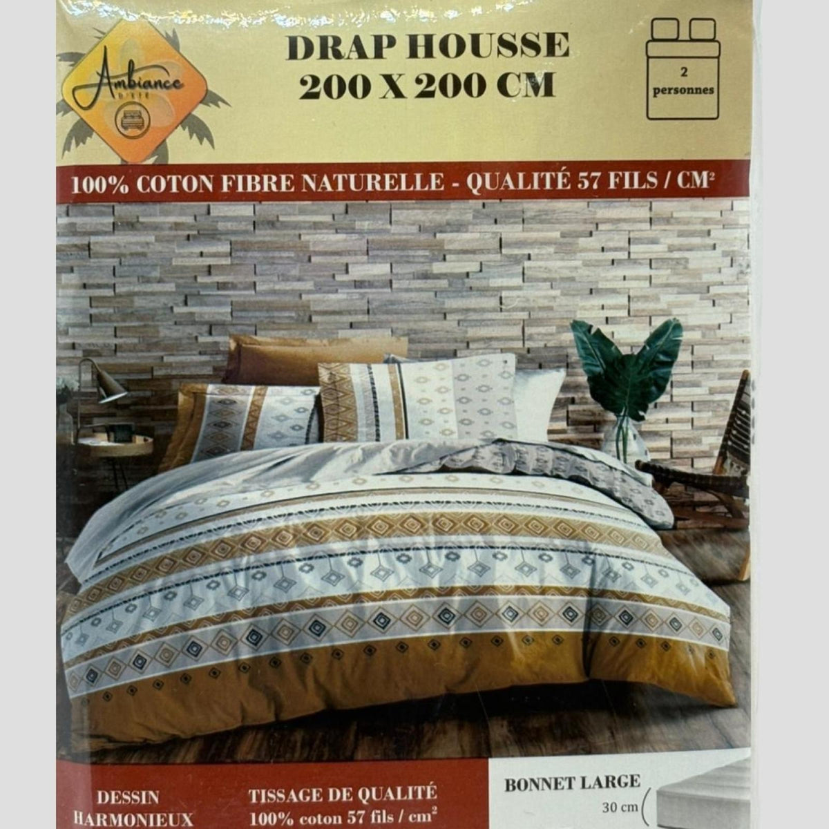 Drap housse Valérie Blanc à motif coloré 200x200cm pour 2 personnes