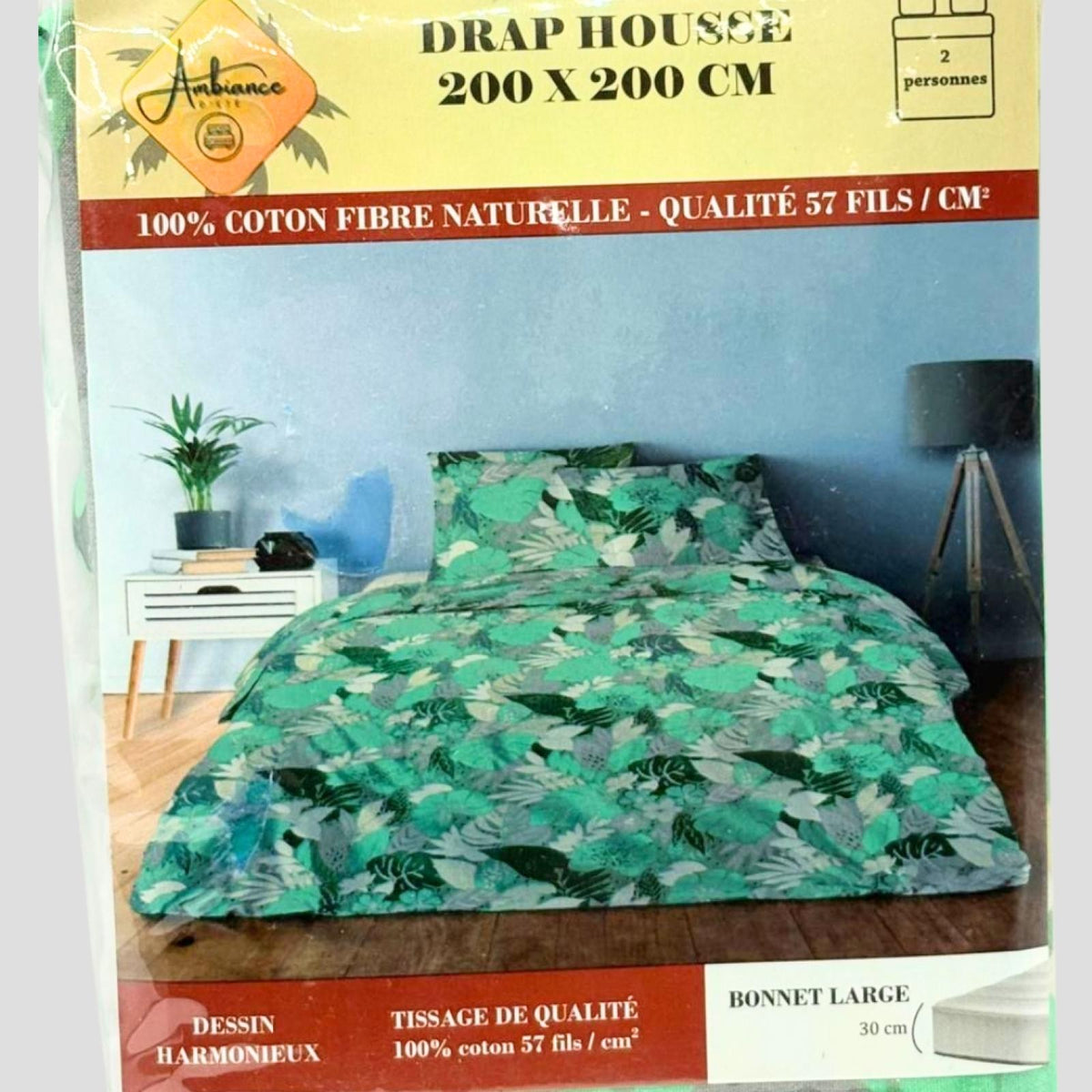 Drap housse Valérie Bleu/Vert à motif coloré 200x200cm pour 2 personnes