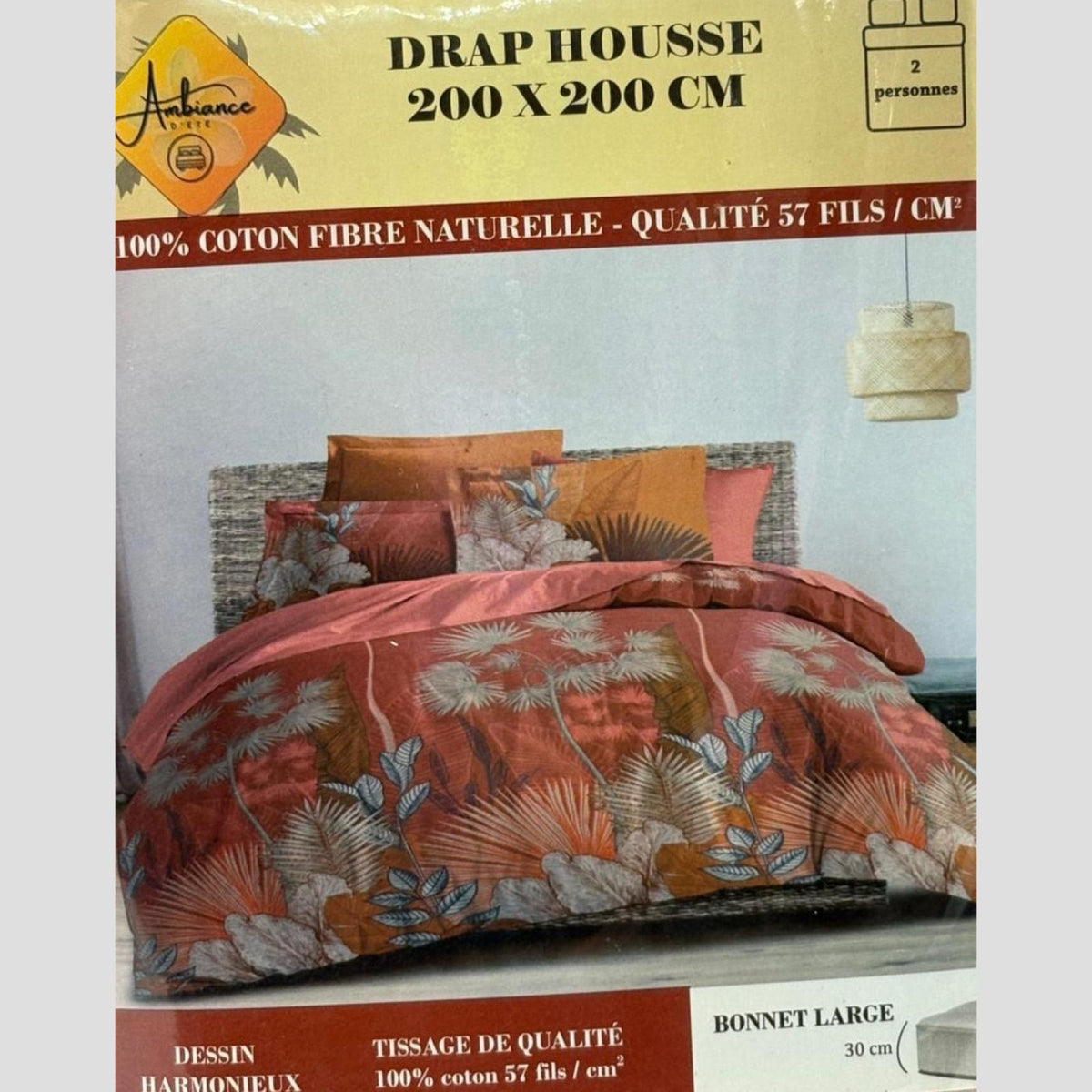 Drap housse Valérie Orange/Rouge à motif coloré 200x200cm pour 2 personnes