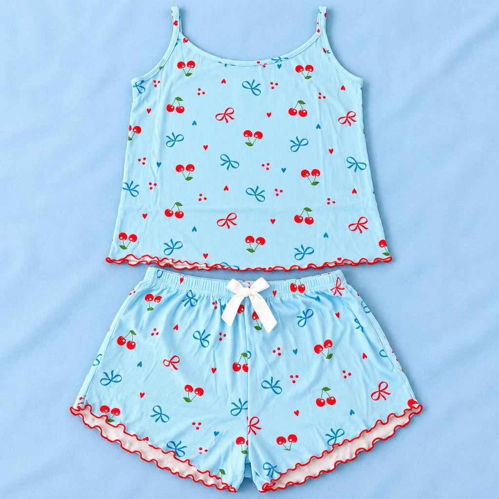 Ensemble caraco et short bleu à cerises et nœuds Modèle Cerise - vue 5