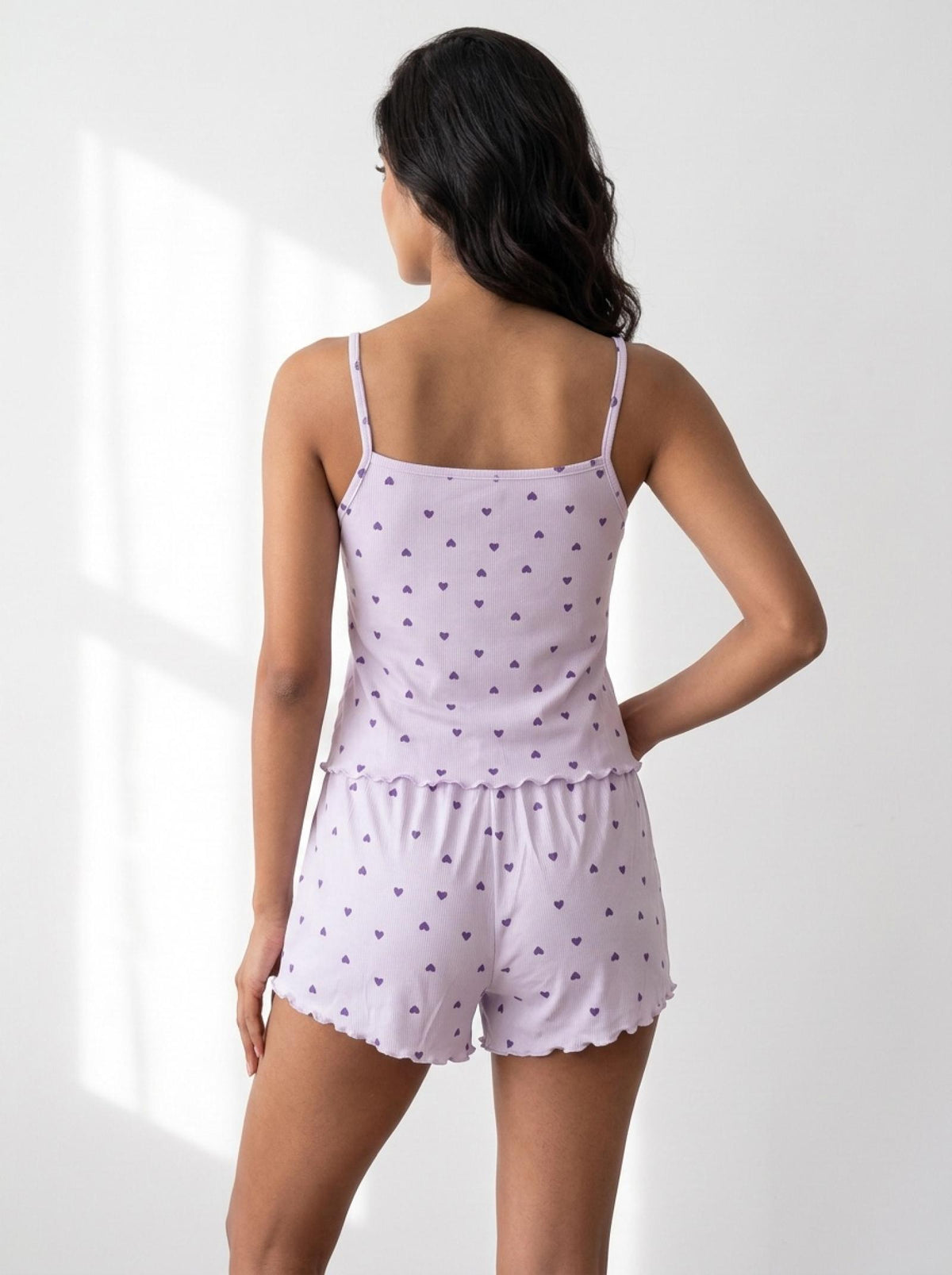 Ensemble caraco et short parme à petits cœurs Modèle Lila - vue 2