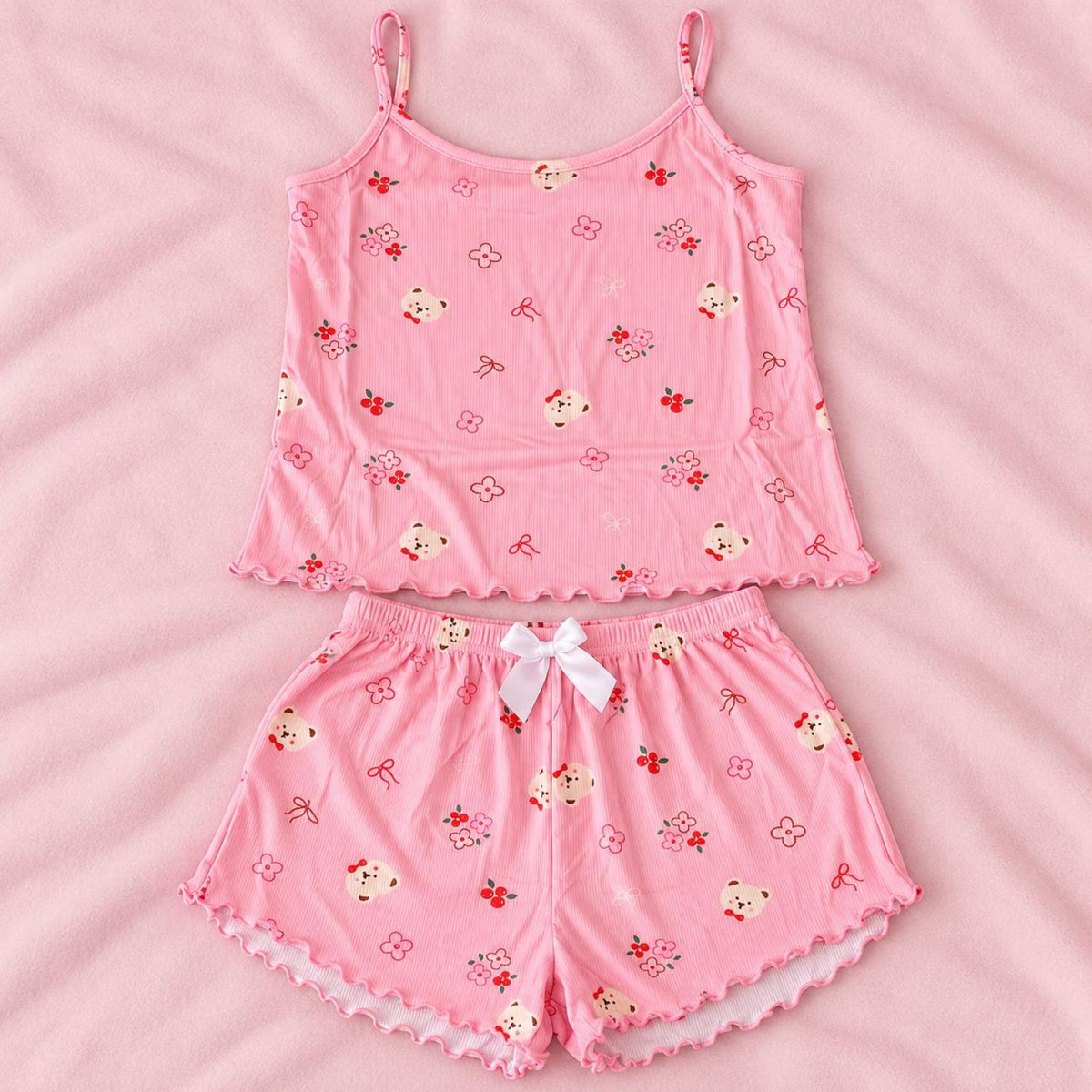 Ensemble caraco et short rose à petits animaux et fleurs Modèle Flora - vue 6