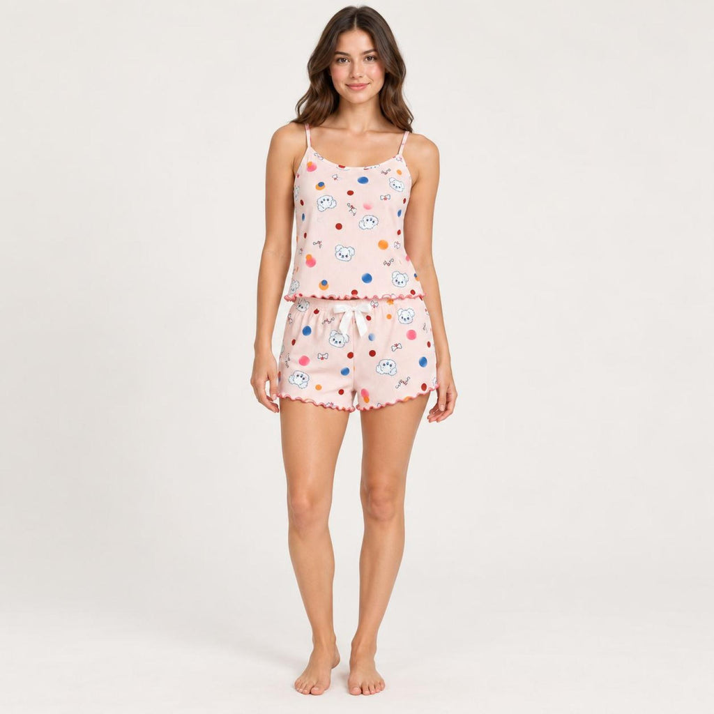 Ensemble caraco et short rose pâle à chiots et pois Modèle Poppy