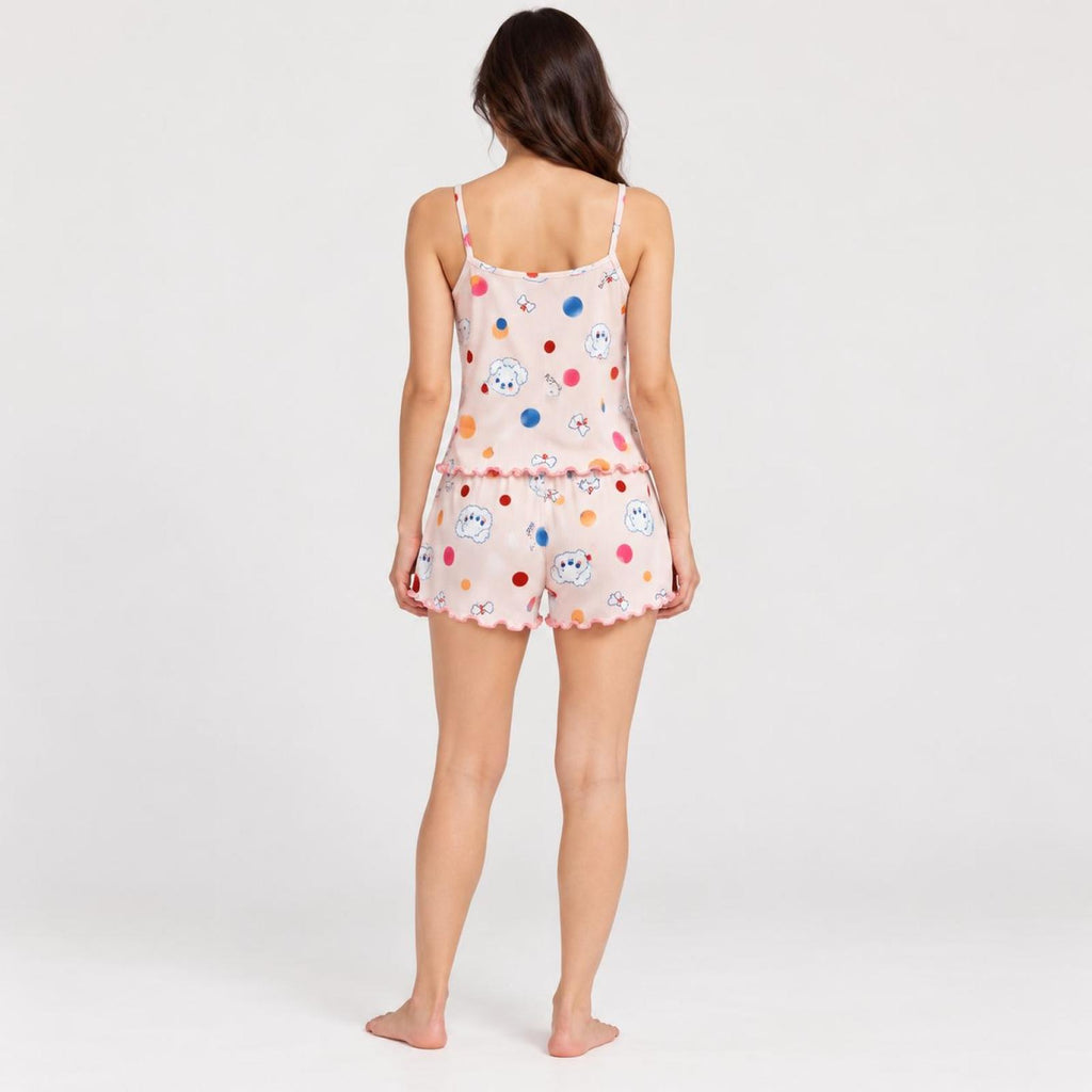 Ensemble caraco et short rose pâle à chiots et pois Modèle Poppy - vue 2