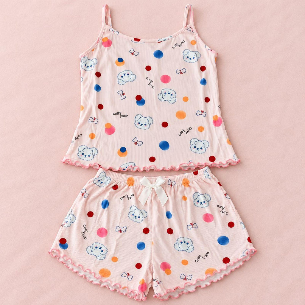 Ensemble caraco et short rose pâle à chiots et pois Modèle Poppy - vue 4
