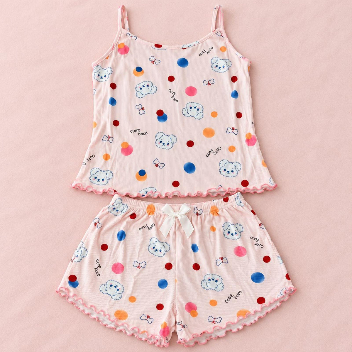 Ensemble caraco et short rose pâle à chiots et pois Modèle Poppy - vue 4