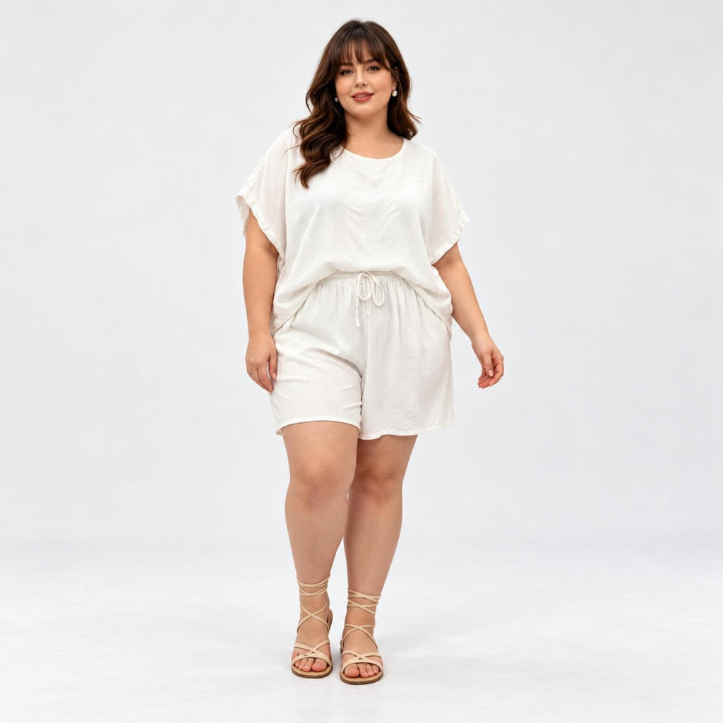 Ensemble grandes tailles blanc top ample et short rayé Modèle Miya