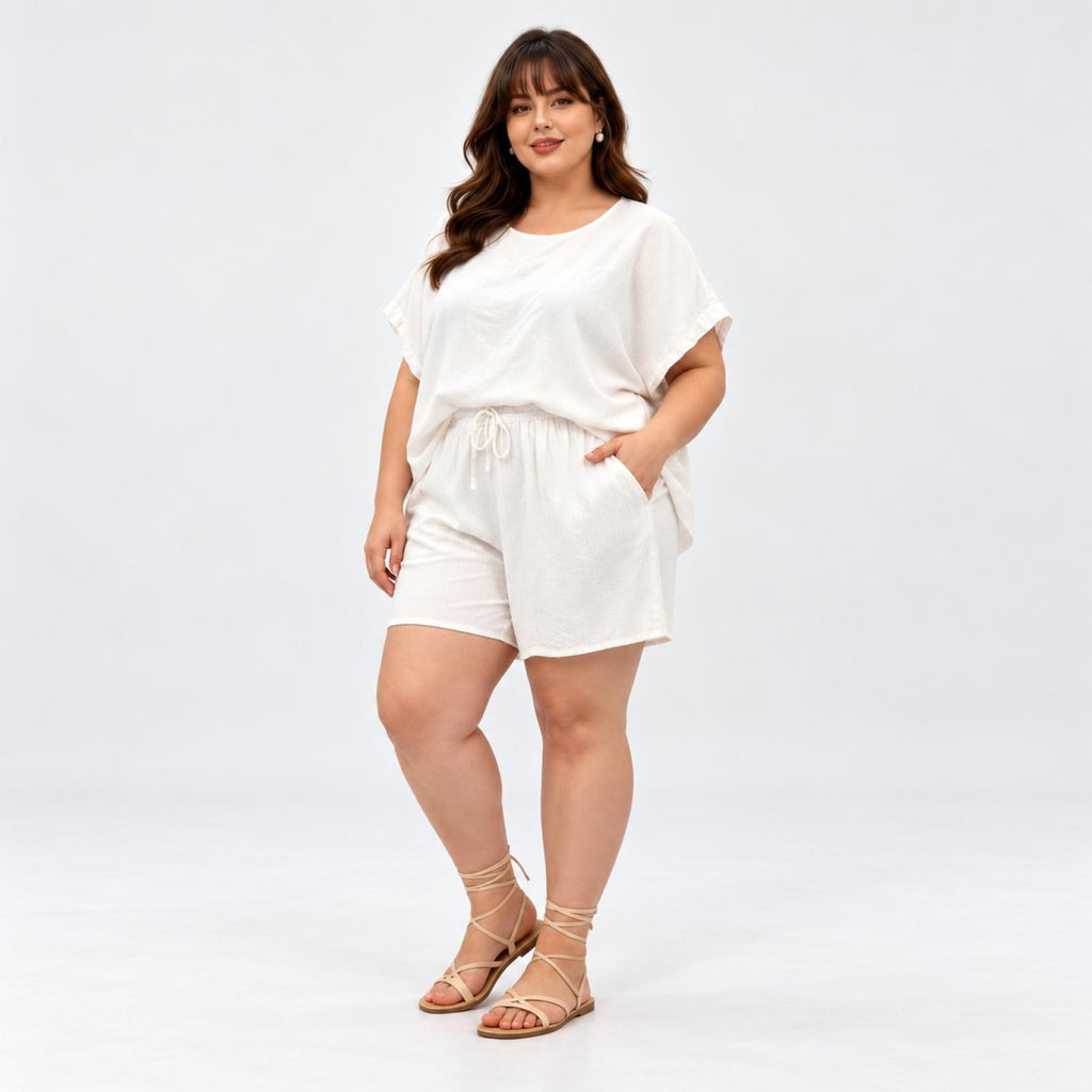 Ensemble grandes tailles blanc top ample et short rayé Modèle Miya - vue 4