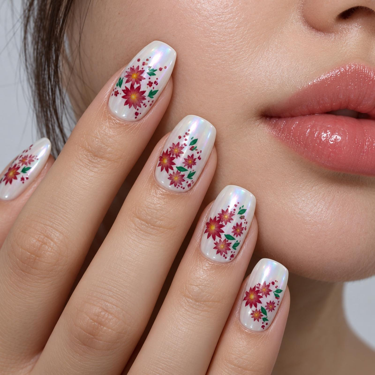Faux ongles blancs à bouquets de fleurs roses