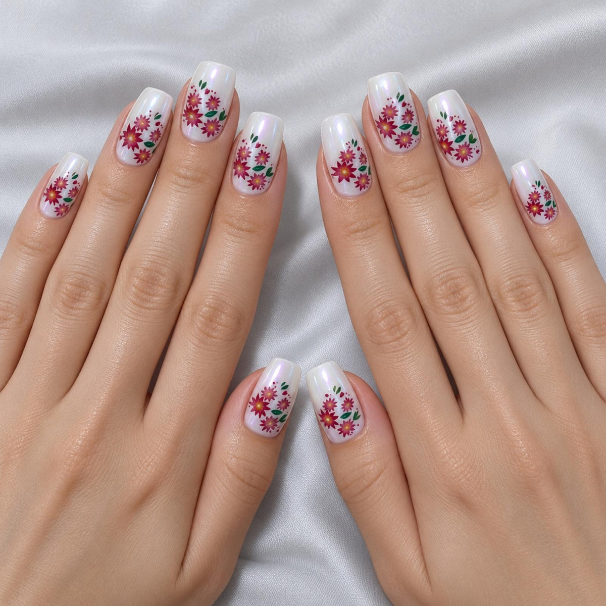 Faux ongles blancs à bouquets de fleurs roses - vue 2