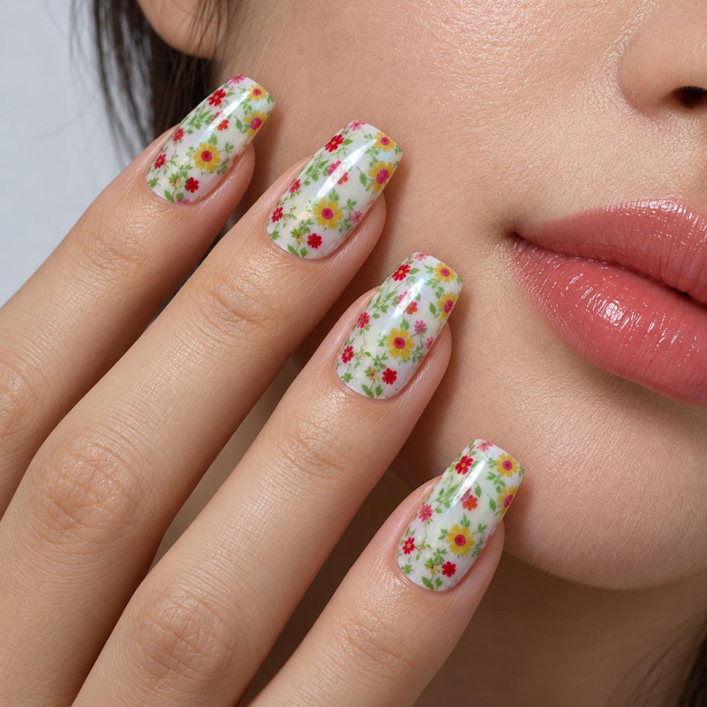 Faux ongles blancs à petites fleurs multicolores