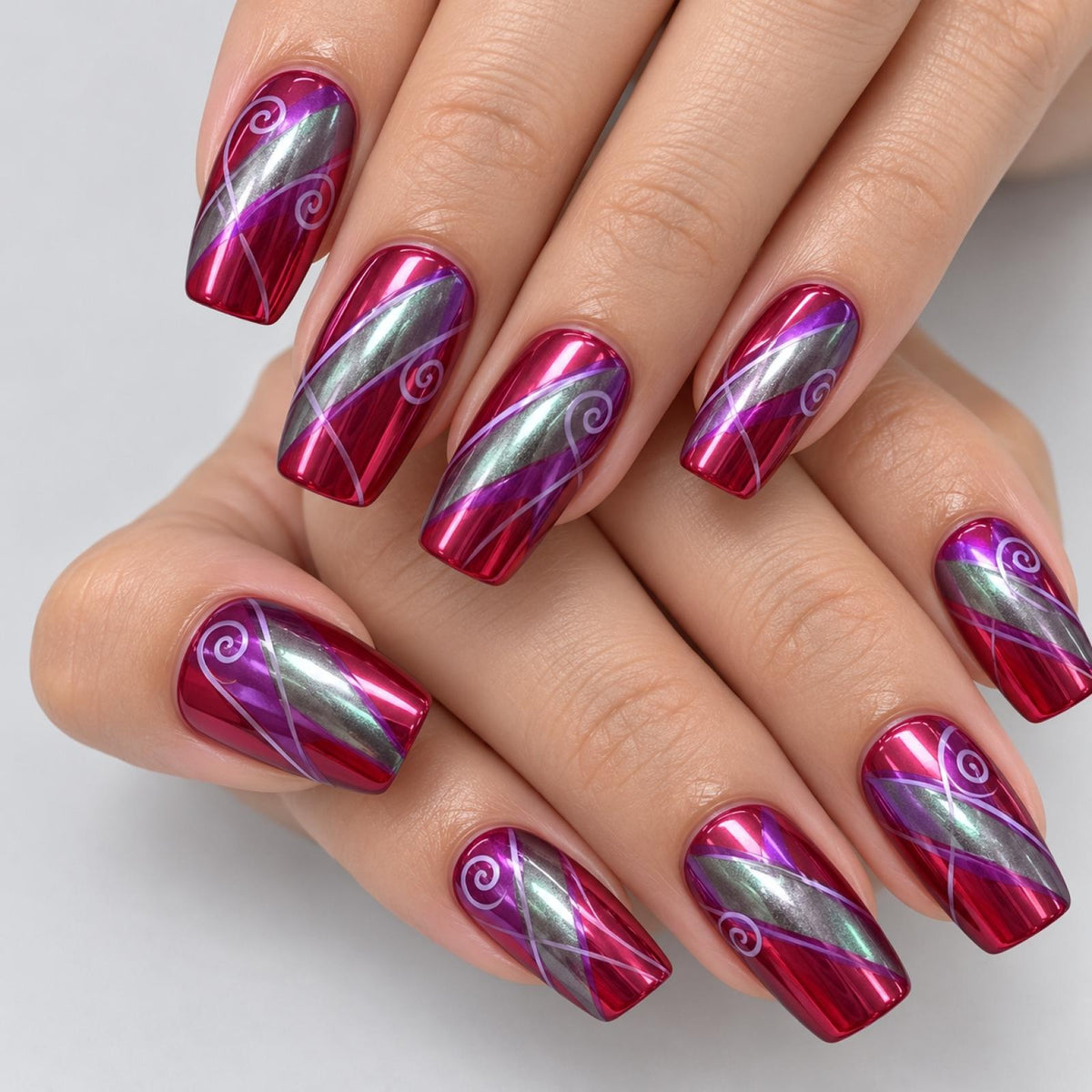 Faux ongles bordeaux à arabesques contrastantes - vue 2