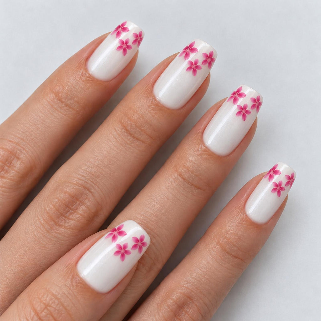 Faux ongles crème nacrés à fleurs roses - vue 2