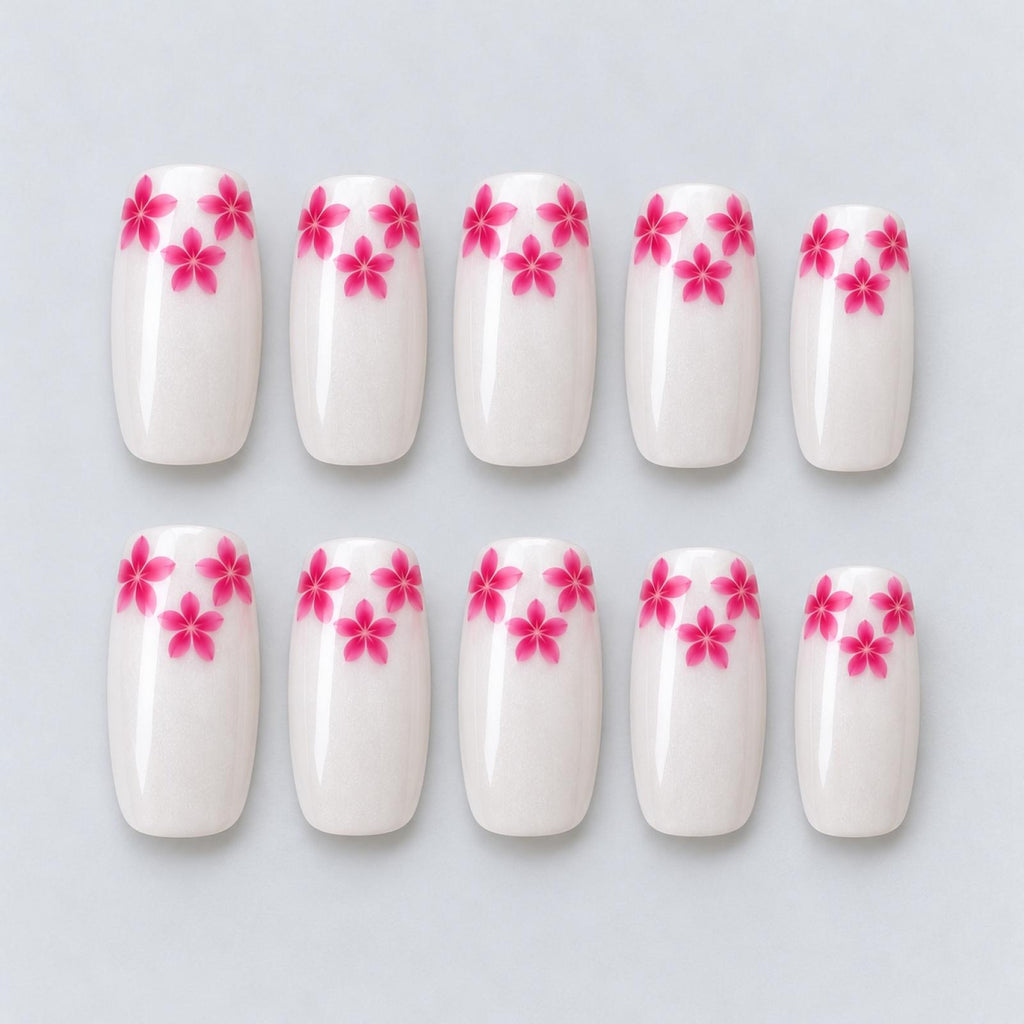 Faux ongles crème nacrés à fleurs roses - vue 4