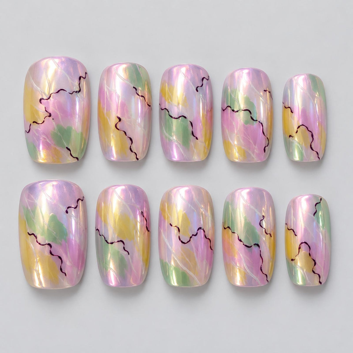 Faux ongles pastel à marbrures multicolores - vue 2