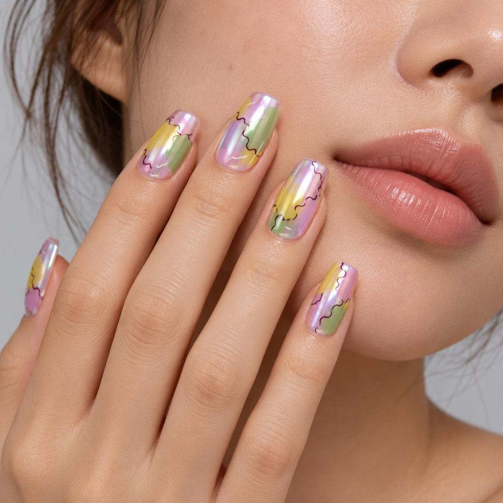 Faux ongles pastel à marbrures multicolores - vue 3