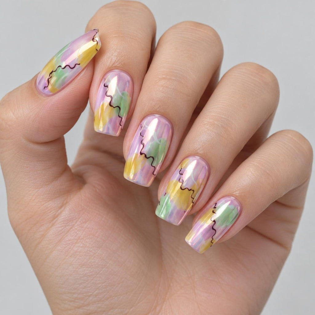 Faux ongles pastel à marbrures multicolores - vue 4