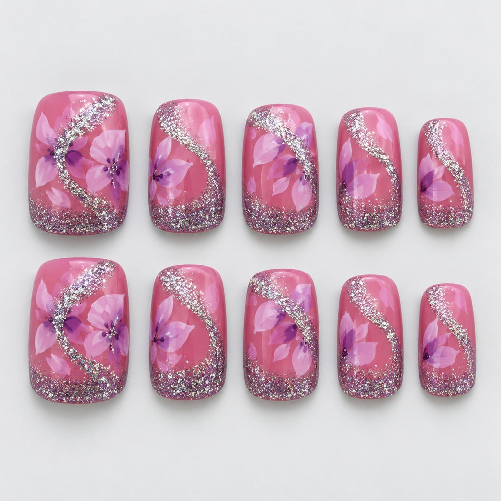 Faux ongles roses à arabesques pailletées - vue 2